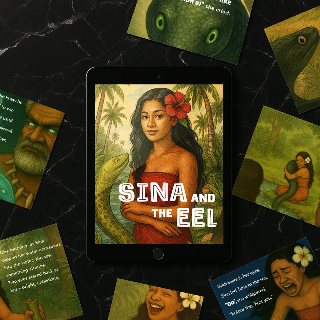 E-Book titled "Sina and The Eel" by The Koko Samoa, featuring colorful cover art with a girl and an eel.