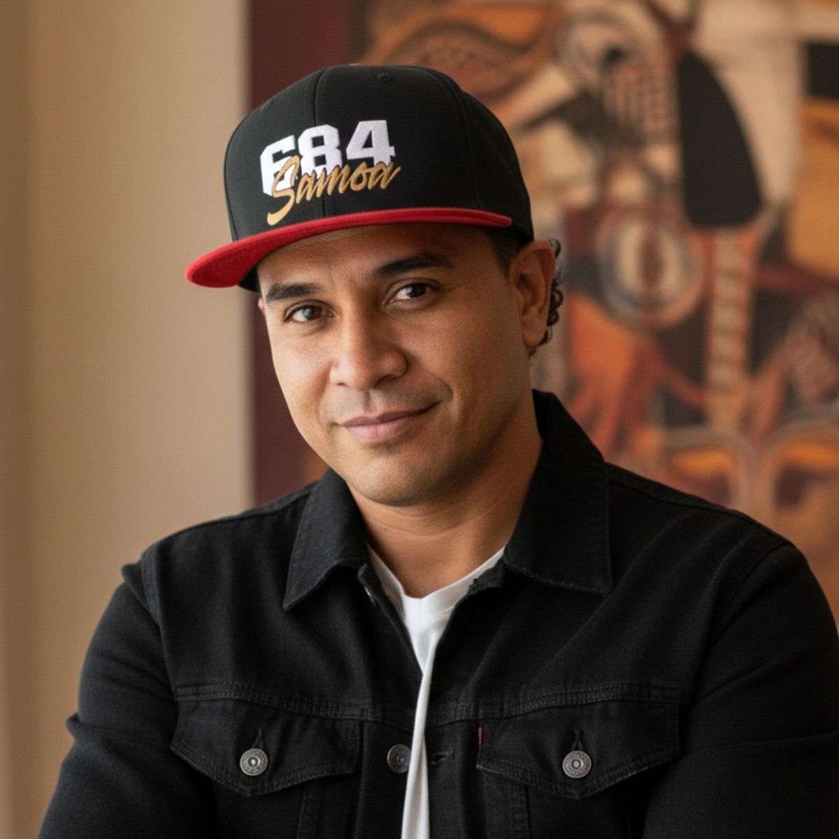 Fulfill Engine flat bill snapback hat in black with white and gold Samoa embroidery, one size, USA, AU, NZ markets