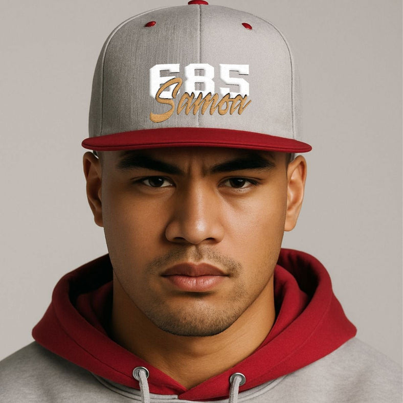Flat Bill Snapback Hat - 685 Samoa - White & Gold Embroidery - AU/NZ/USA