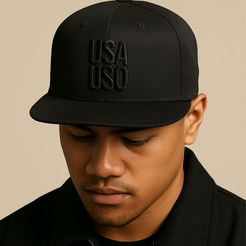 Flat Bill Snapback Hat  — USA USO  - Black Embroidery - AU/NZ/USA
