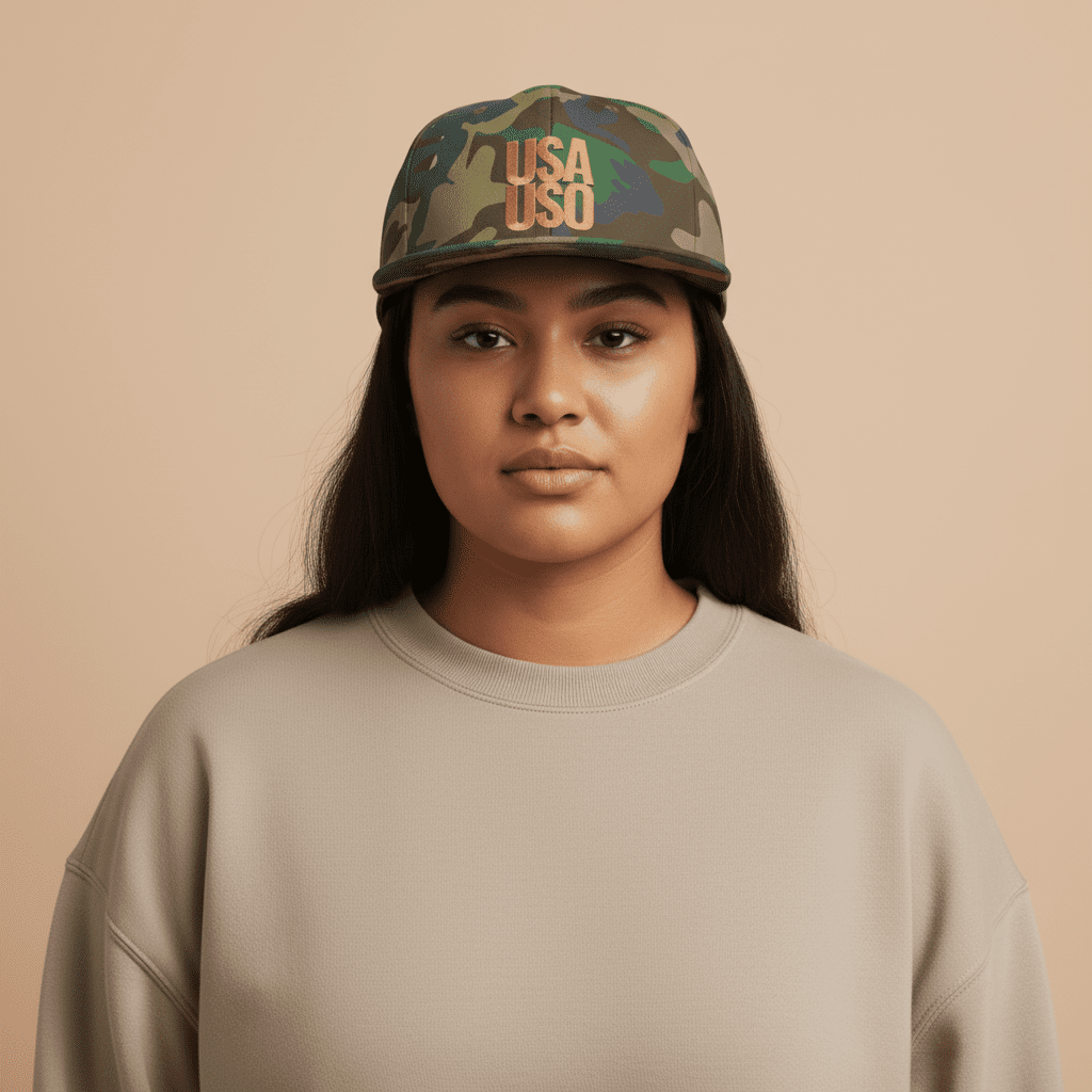 Black Fulfill Engine flat bill snapback hat with USA USO gold embroidery, featuring a structured design and adjustable strap