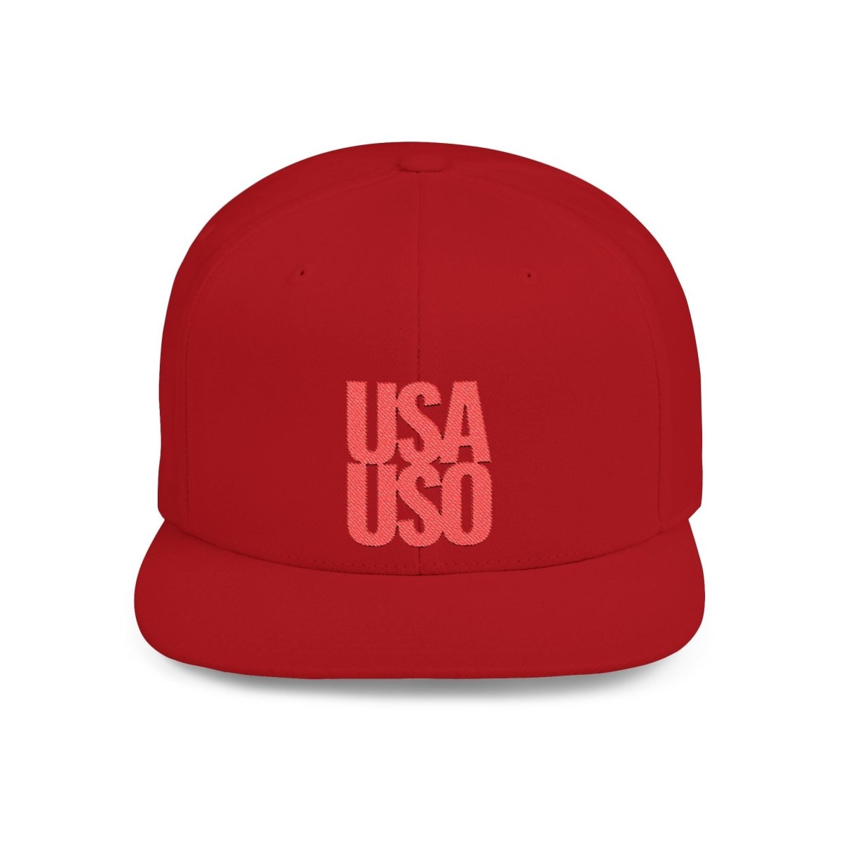 Black flat bill snapback hat by Fulfill Engine with red USA USO embroidery on the front. Adjustable one size fits most.