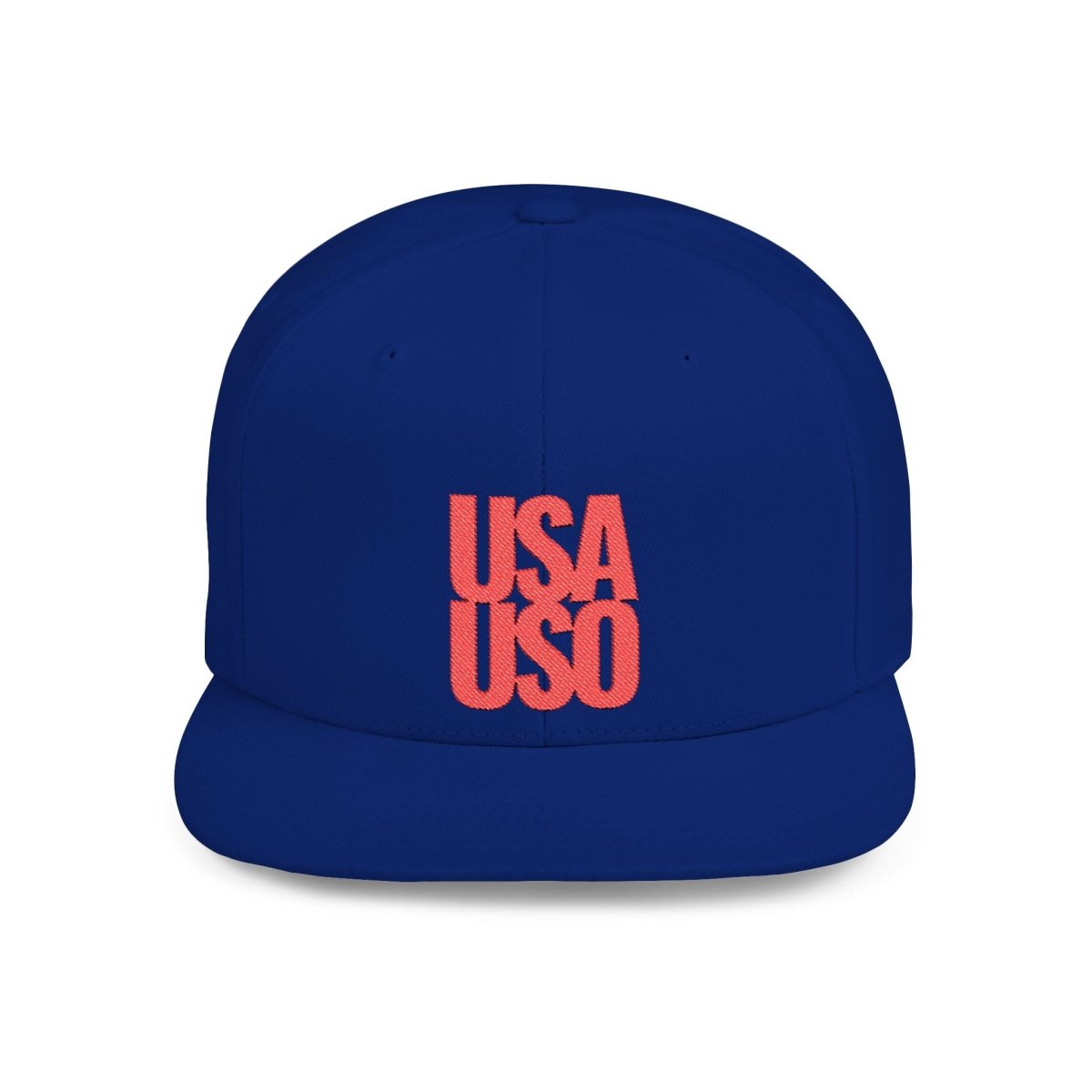 Black flat bill snapback hat by Fulfill Engine with red USA USO embroidery, one size fits all, stylish and casual headwear.