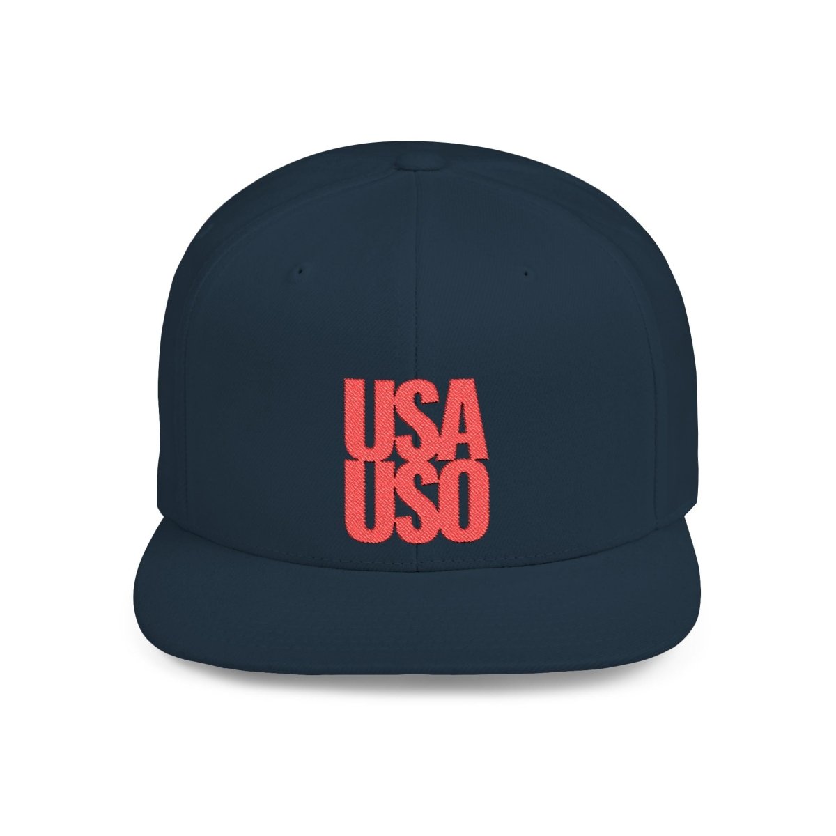 Black flat bill snapback hat by Fulfill Engine with red USA USO embroidery, adjustable one size, featuring a classic hat design.