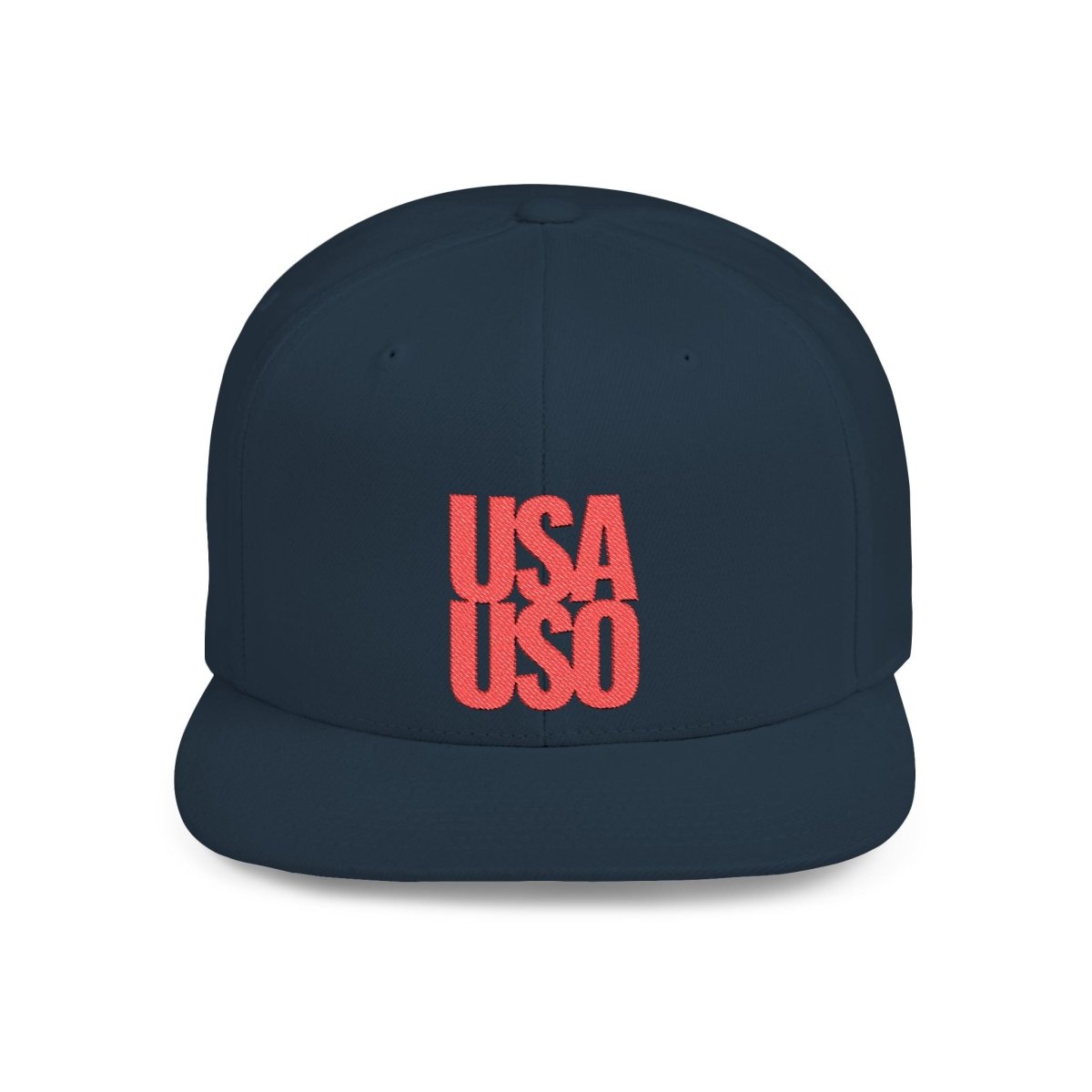 Black flat bill snapback hat by Fulfill Engine with red USA USO embroidery, featuring a structured design and adjustable fit.