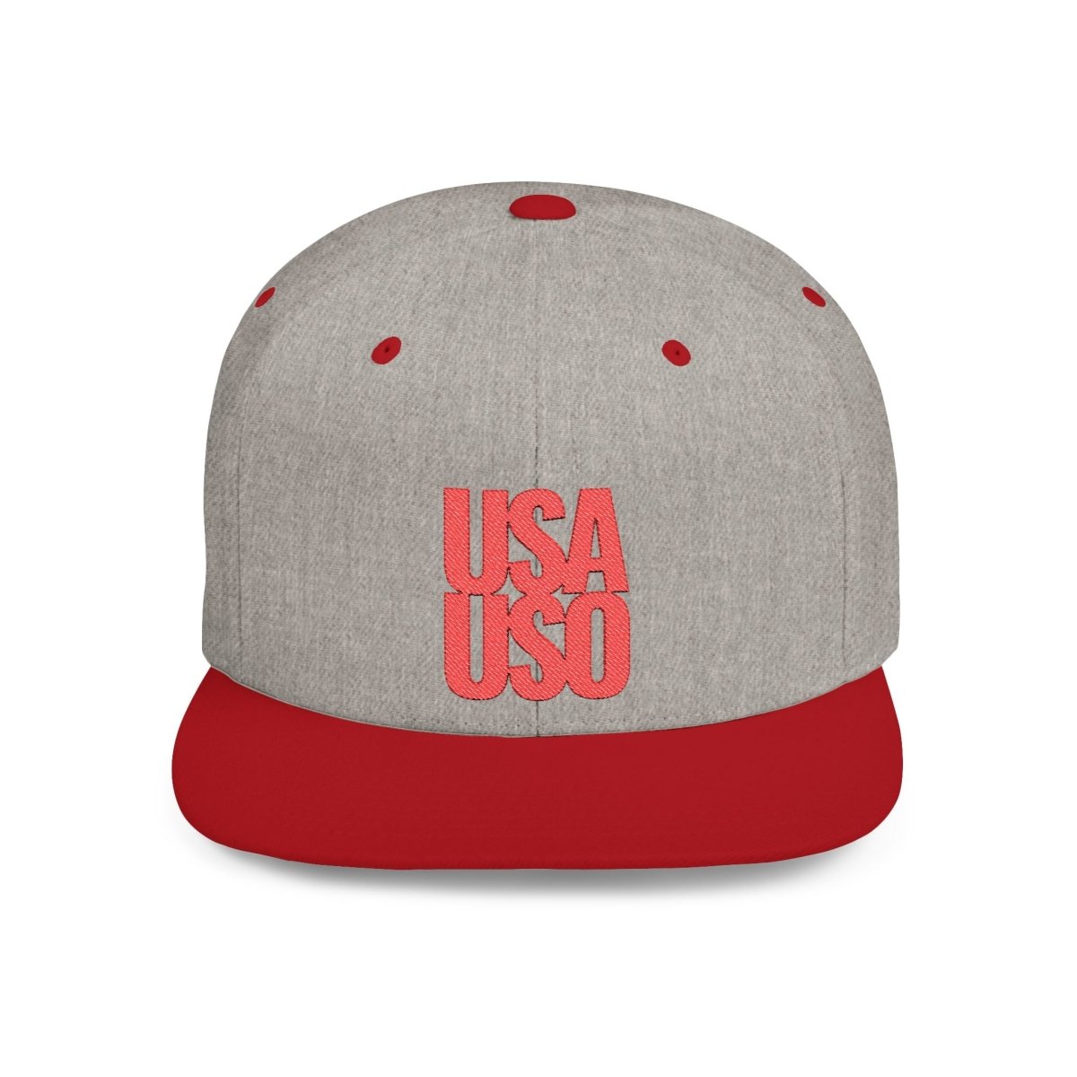Black flat bill snapback hat by Fulfill Engine with red USA USO embroidery, one size fits most, featuring a classic structured design.