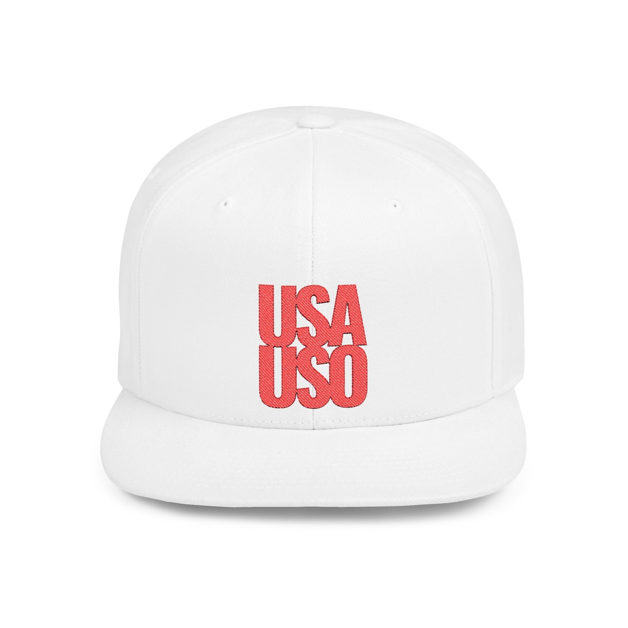 Black flat bill snapback hat by Fulfill Engine with red USA USO embroidery, adjustable one size fits most, stylish and casual.