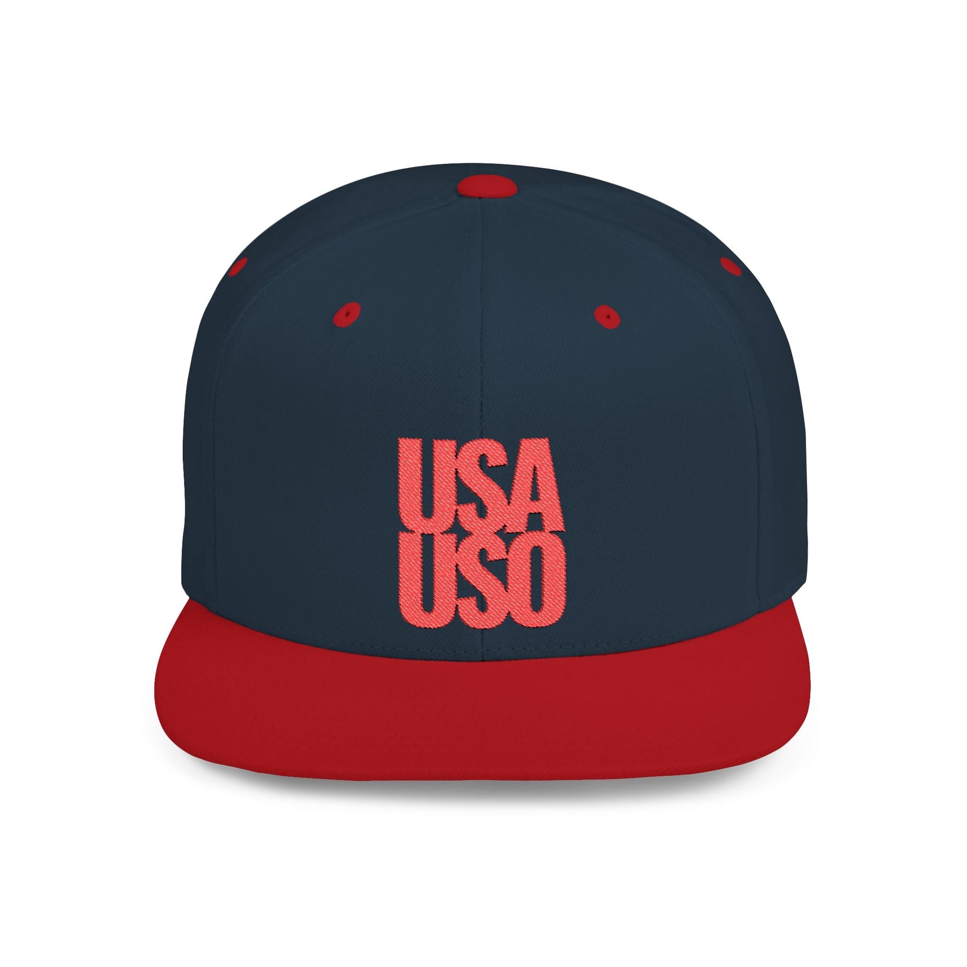 Black flat bill snapback hat by Fulfill Engine with red USA USO embroidery, one size fits all, featuring a classic hat design.