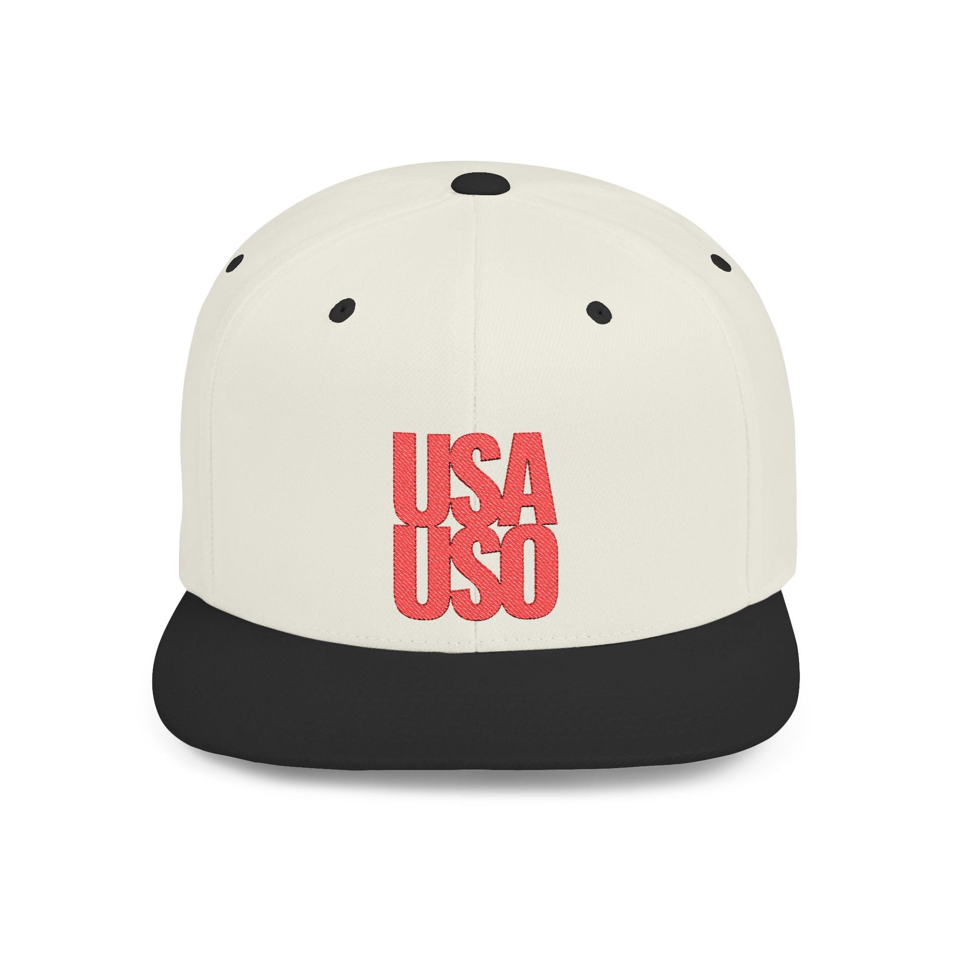 Black flat bill snapback hat by Fulfill Engine with red USA USO embroidery, adjustable one size, suitable for AU, NZ, and US.