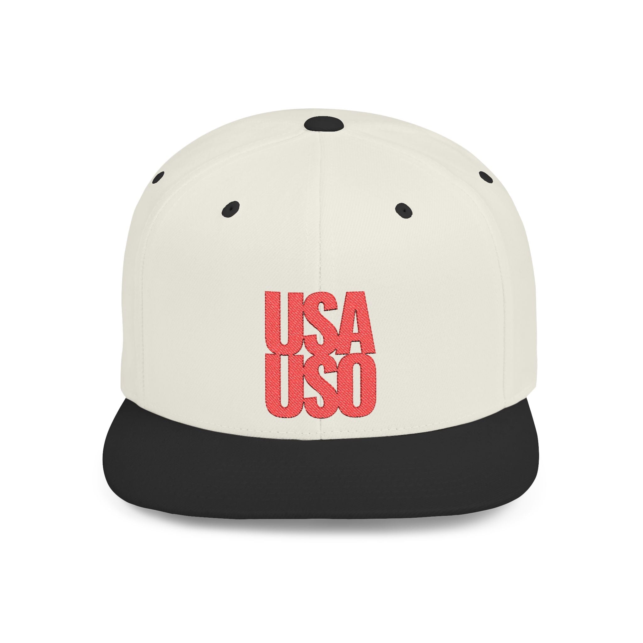 Black flat bill snapback hat by Fulfill Engine with red USA USO embroidery, adjustable one size, suitable for AU, NZ, and US.