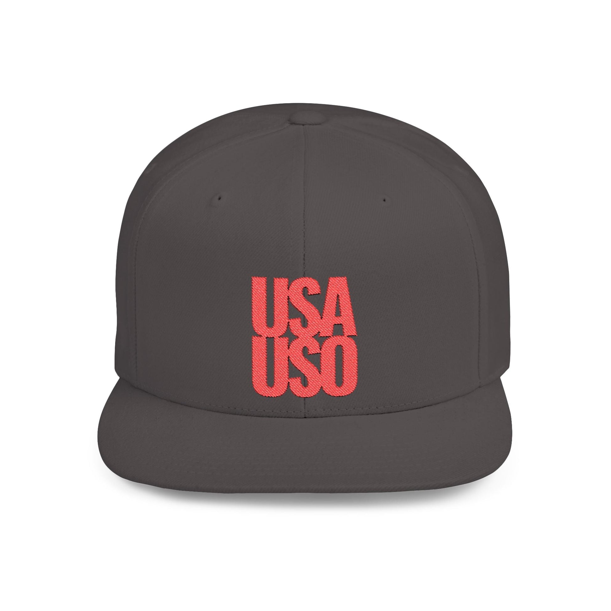Black flat bill snapback hat by Fulfill Engine with red USA USO embroidery, adjustable one size fits most.