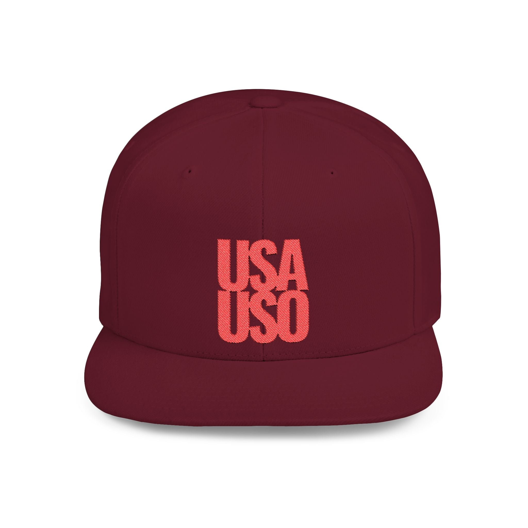 Black flat bill snapback hat by Fulfill Engine with red USA USO embroidery, one size fits most, casual and stylish headwear.