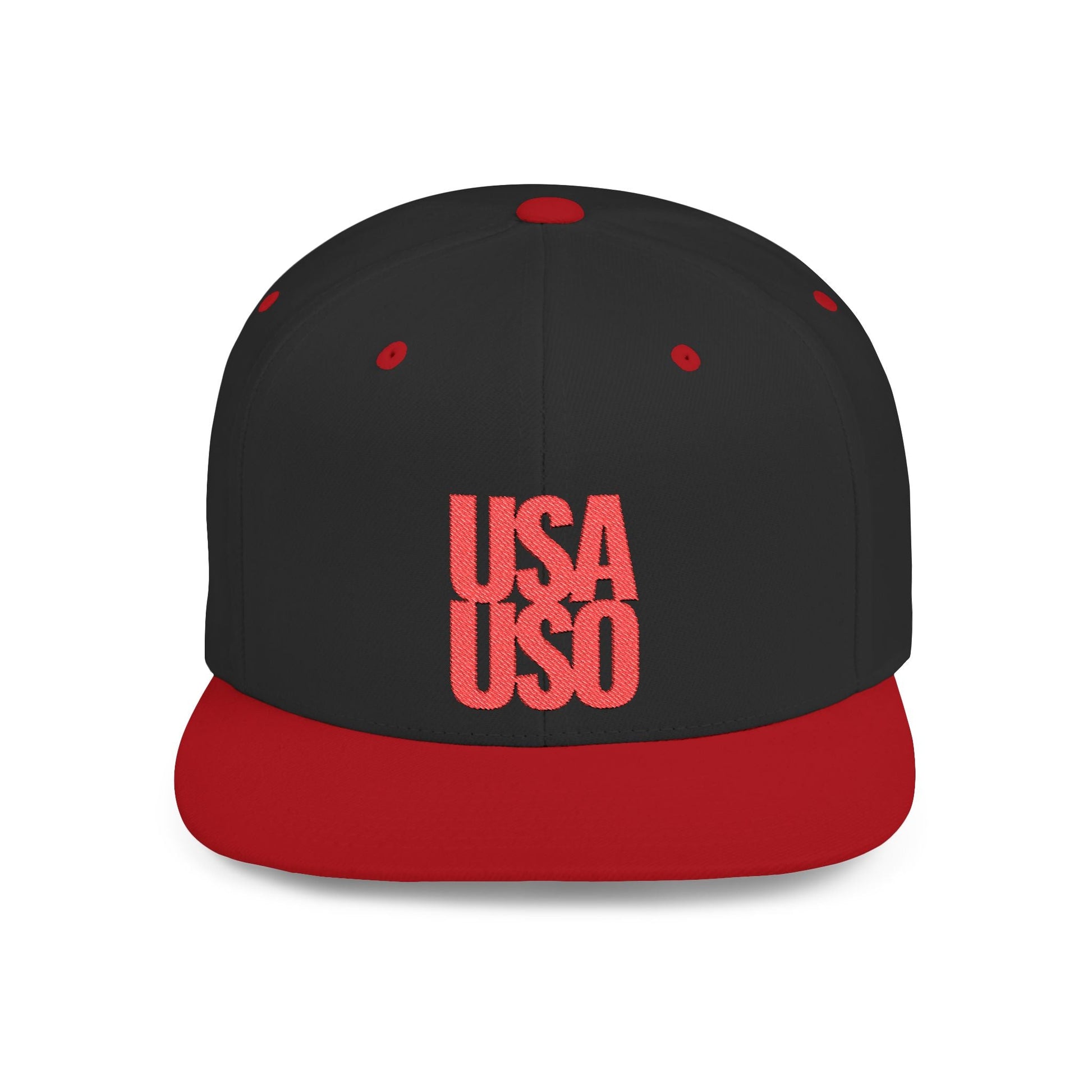 Black flat bill snapback hat with red USA USO embroidery by Fulfill Engine, featuring a structured design and adjustable fit.