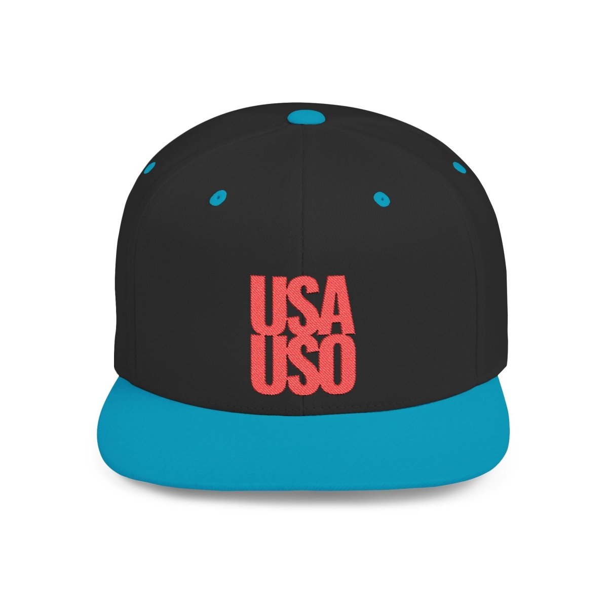 Black flat bill snapback hat by Fulfill Engine with red USA USO embroidery, featuring a one-size design and adjustable fit.