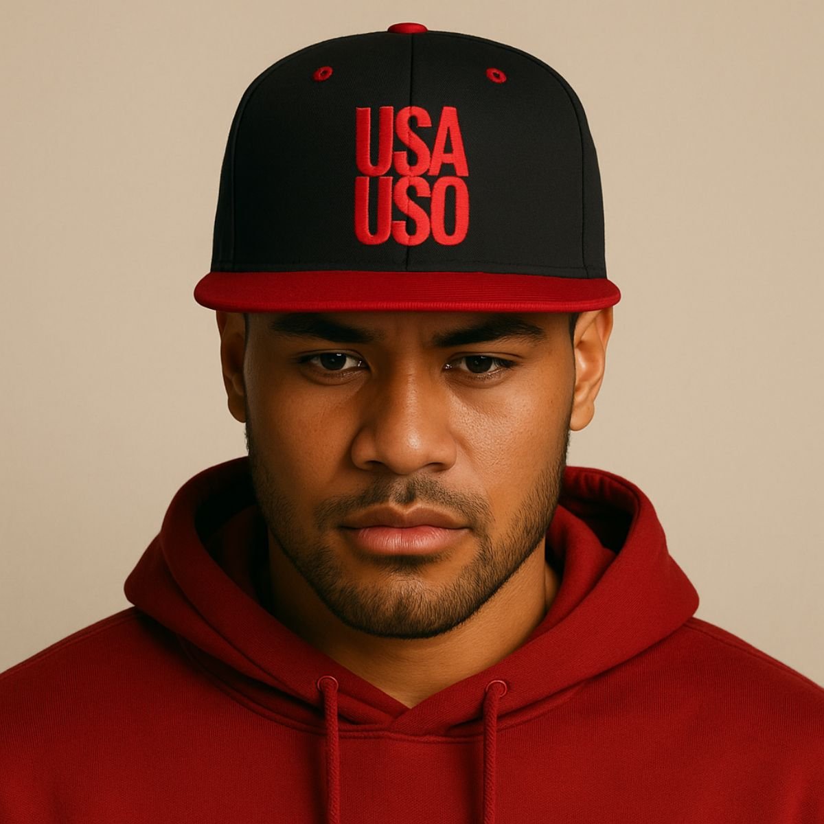 Black flat bill snapback hat by Fulfill Engine with red USA USO embroidery, featuring a one-size-fits-all design.