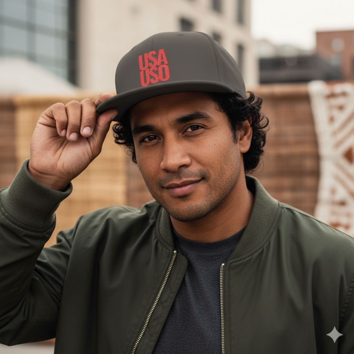 Black flat bill snapback hat by Fulfill Engine with red USA USO embroidery, featuring a structured design and adjustable snapback closure.