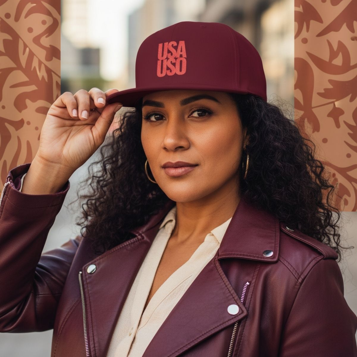 Black flat bill snapback hat by Fulfill Engine with red USA USO embroidery, featuring adjustable one-size fit.