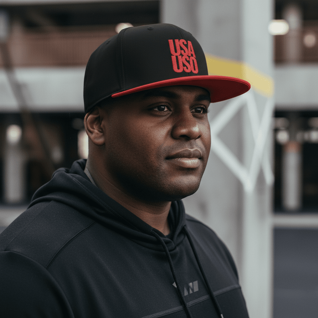 Black flat bill snapback hat by Fulfill Engine with red USA USO embroidery, adjustable one size fits all, stylish and casual headwear.