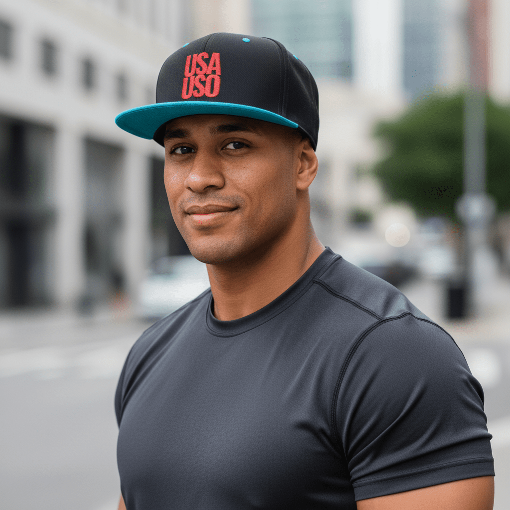 Black flat bill snapback hat by Fulfill Engine with red USA USO embroidery, adjustable one size, featuring a classic hat style.
