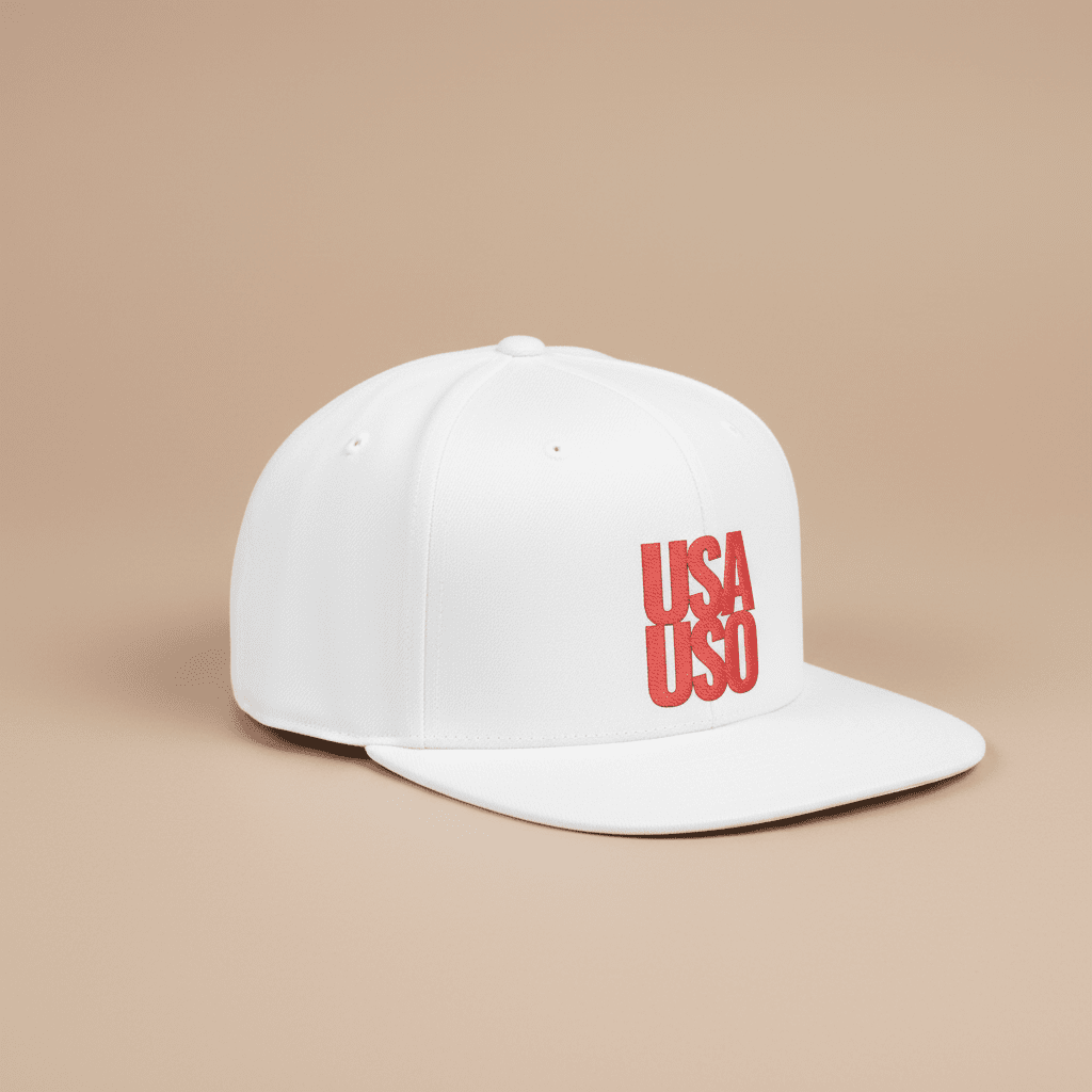 Fulfill Engine flat bill snapback hat with red USA USO embroidery, black color, one size, adjustable fit, casual style.