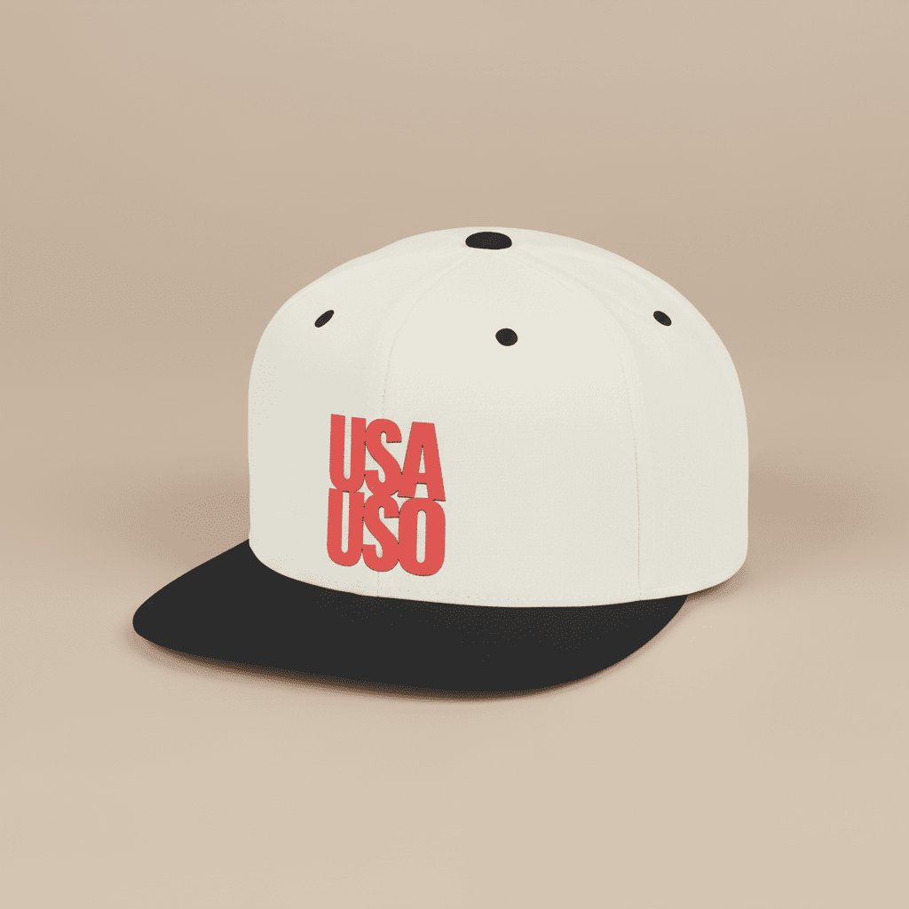 Black flat bill snapback hat by Fulfill Engine with red USA USO embroidery, one size fits all, stylish and casual headwear.