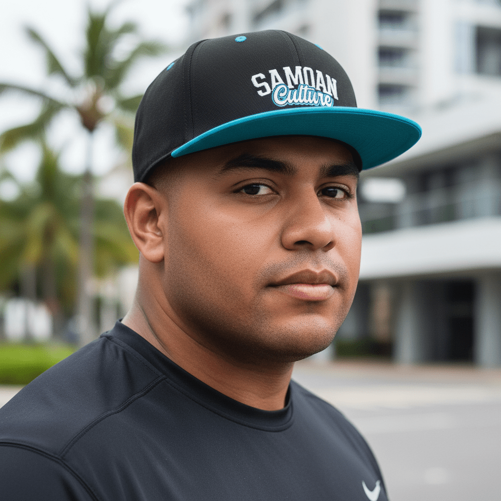 Flat Bill Snapback Hat - Samoan Culture - Blue White Embroidery - AU/NZ/USA - The Koko Samoa