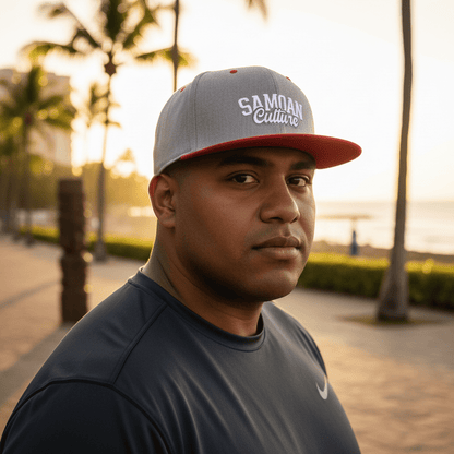 Flat Bill Snapback Hat - Samoa Culture - White & Grey Embroidery - AU/NZ/USA - The Koko Samoa