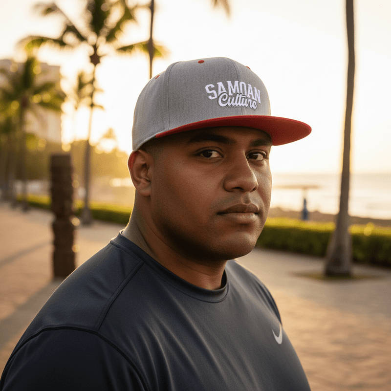 Flat Bill Snapback Hat - Samoa Culture - White & Grey Embroidery - AU/NZ/USA - The Koko Samoa