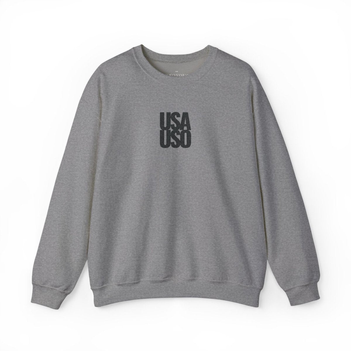 Black embroidered unisex heavy sweatshirt by Fulfill Engine with USA USO design, suitable for AU, NZ, and US regions.