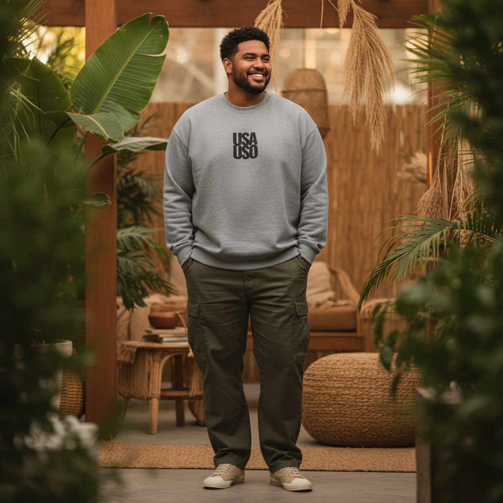 Black embroidered unisex heavy sweatshirt by Fulfill Engine featuring USA USO design, ideal for casual wear.