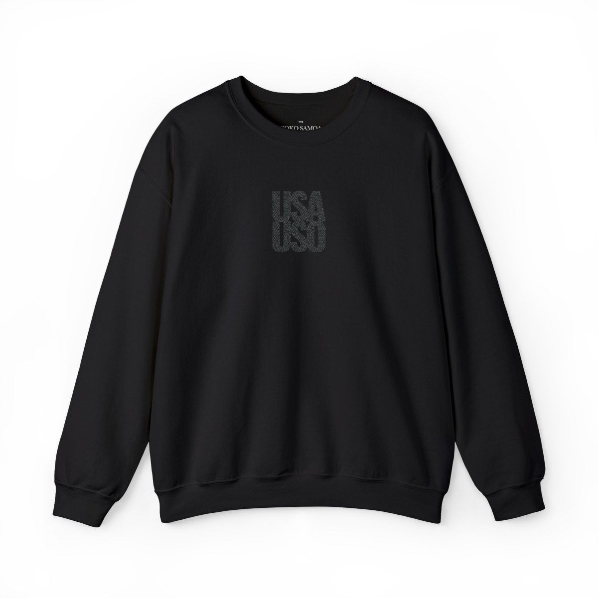 Black embroidered unisex heavy sweatshirt with USA USO design by Fulfill Engine, suitable for AU, NZ, and USA.