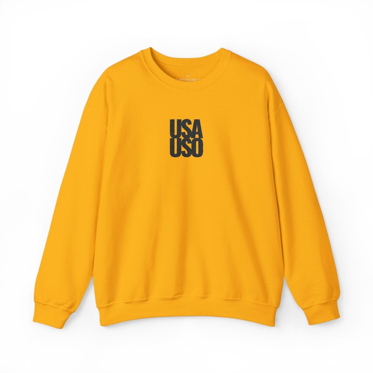 Black embroidered unisex heavy sweatshirt by Fulfill Engine with USA USO logo, featuring a comfortable fit and classic style.