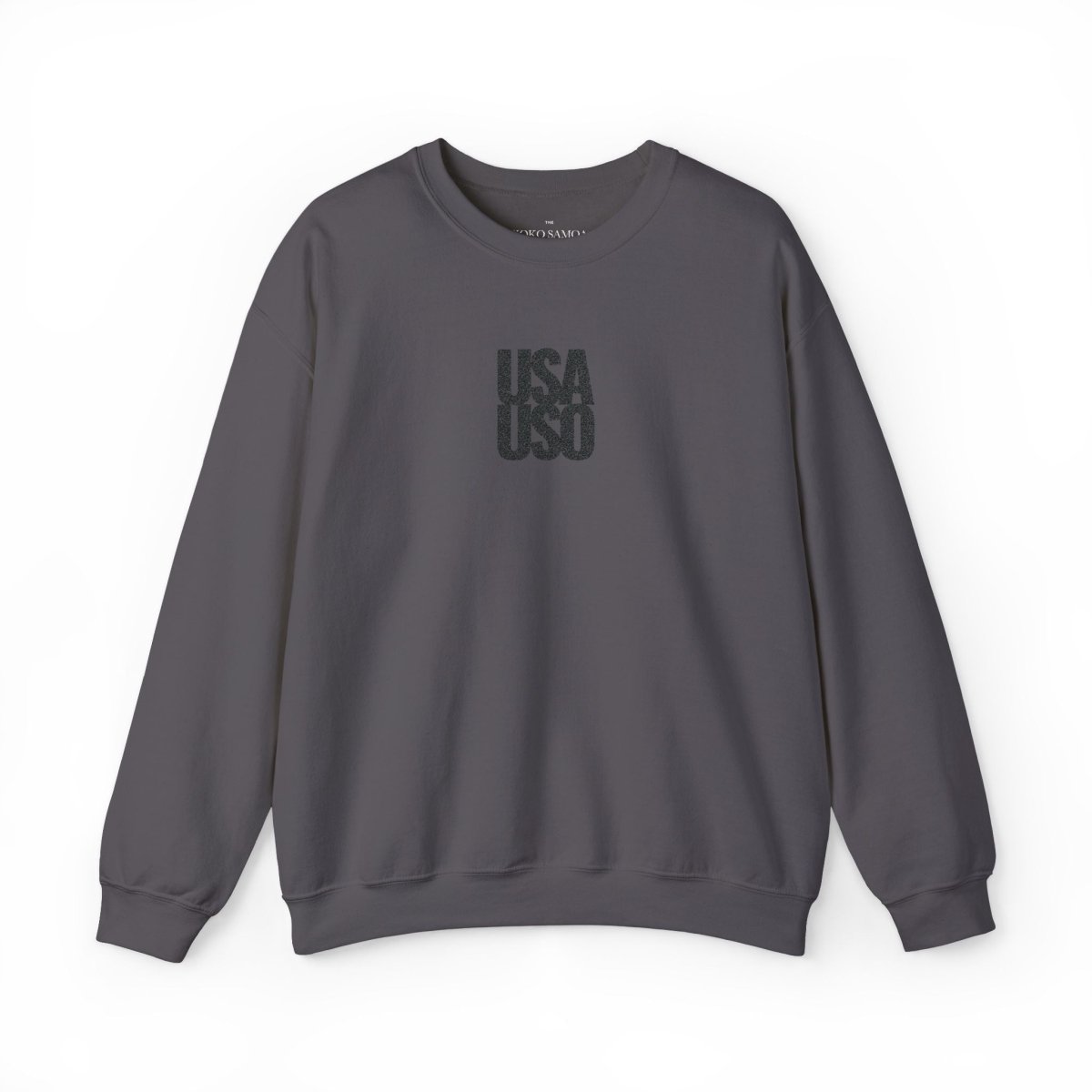 Unisex black heavy sweatshirt by Fulfill Engine with USA USO embroidery, suitable for AU, NZ, and USA, front view.