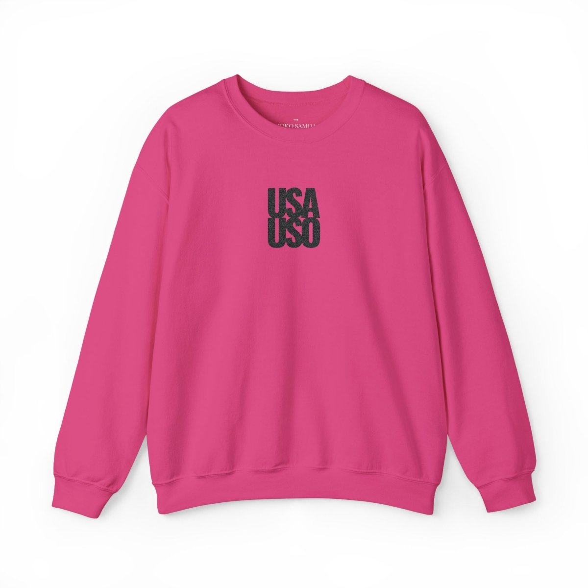 Unisex heavy black sweatshirt by Fulfill Engine with USA USO embroidery, featuring a cozy, casual fit and American-themed design.