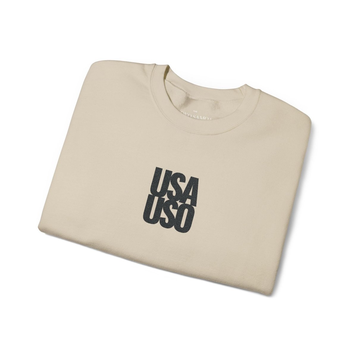 Black embroidered unisex heavy sweatshirt by Fulfill Engine featuring USA USO design, suitable for AU, NZ, and US regions.