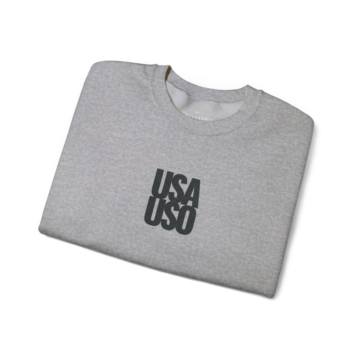 Black unisex heavy sweatshirt by Fulfill Engine with USA USO embroidery, featuring a comfortable fit and casual style.