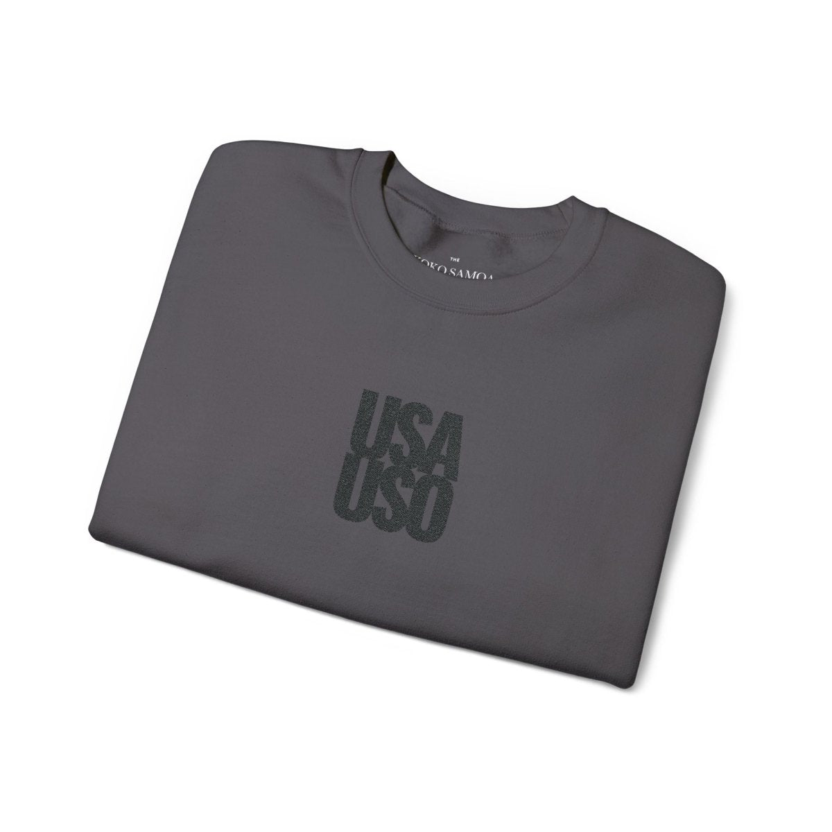 Black embroidered unisex heavy sweatshirt by Fulfill Engine with USA USO design, featuring a comfortable, casual fit for all genders.