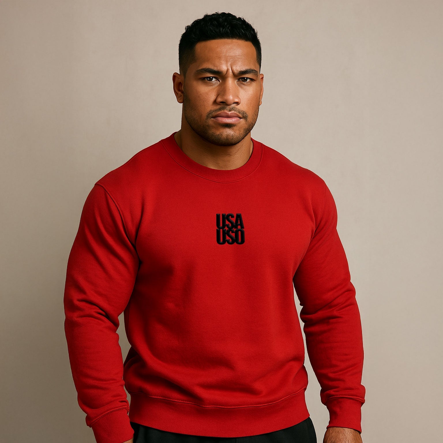 Unisex heavy black sweatshirt by Fulfill Engine with USA USO embroidery, featuring a cozy fit and bold design.