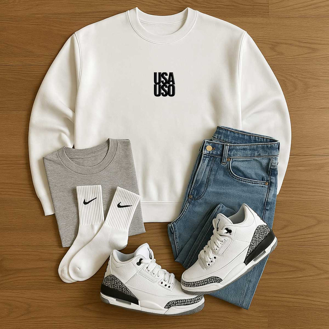 Black unisex heavy sweatshirt by Fulfill Engine with USA USO embroidery, featuring a comfortable fit and durable fabric.