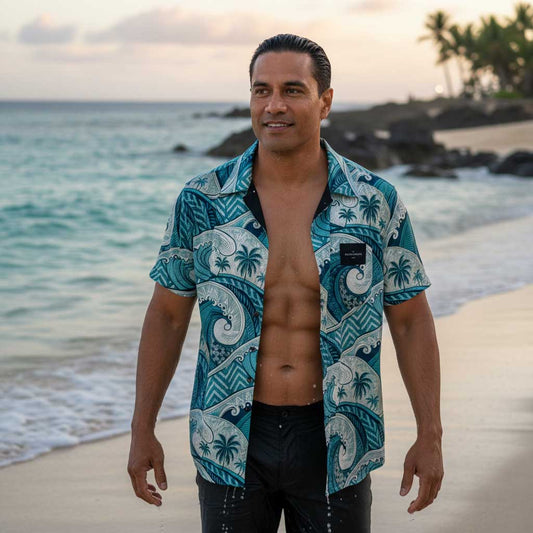 KoaTech™ - Hawaiian Button - Down Shirt - Blue Waves - AU/NZ/USA - The Koko Samoa