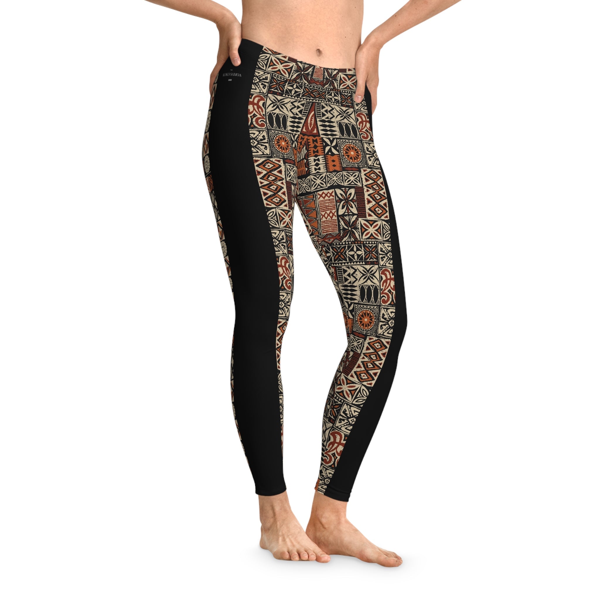 Black FYBY IslandFlex Mid-Rise Leggings with Elei pattern, shown on a model, showcasing a comfortable fit and stylish design.