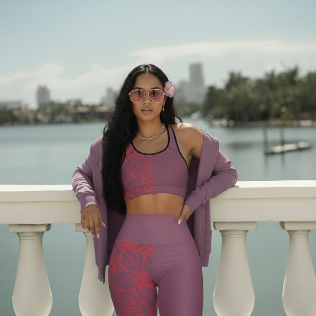 Miami Sublimation IslandRise high-waisted leggings in Winterberry Red, showcasing a close-up of the vibrant fabric and waistband.