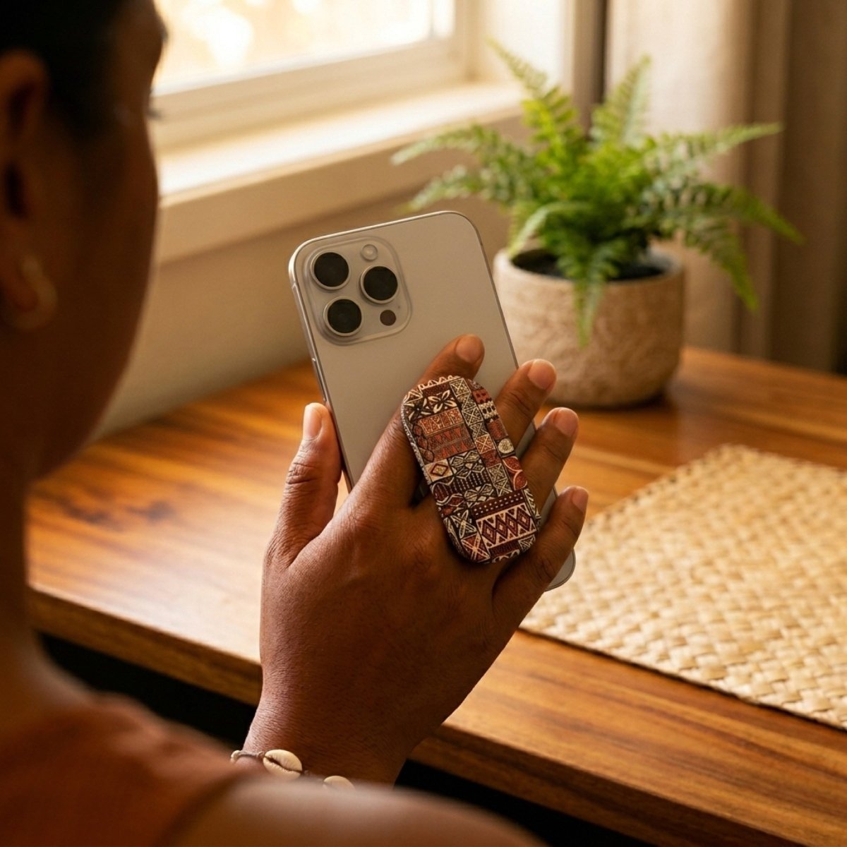 Elei Grip Stand accessory featuring traditional Samoan design, suitable for AU, NZ, and USA devices.