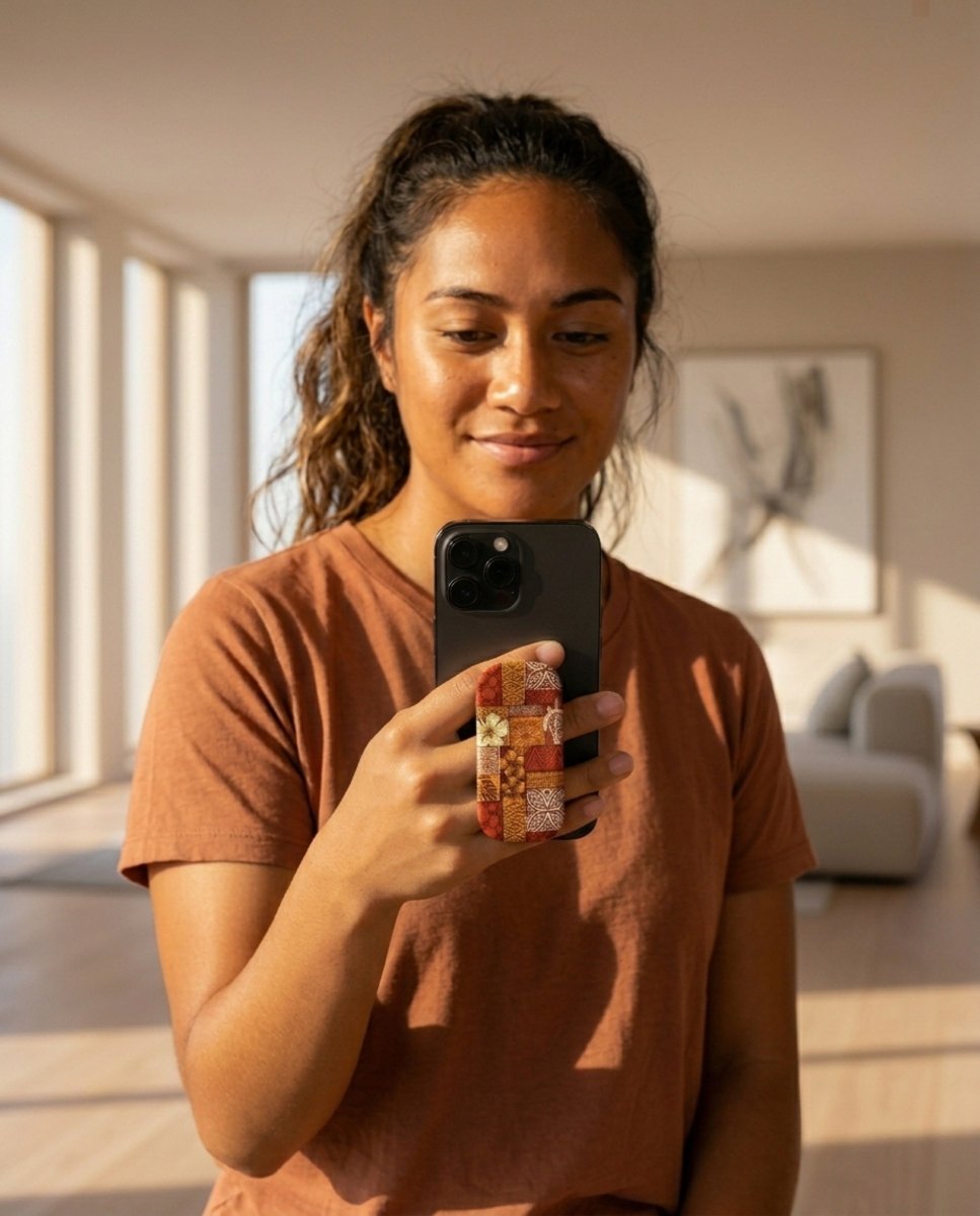 WOYC Sataoa Sunrise phone grip stand with colorful island design, versatile for AU, NZ, and USA models, showcasing vibrant artwork.