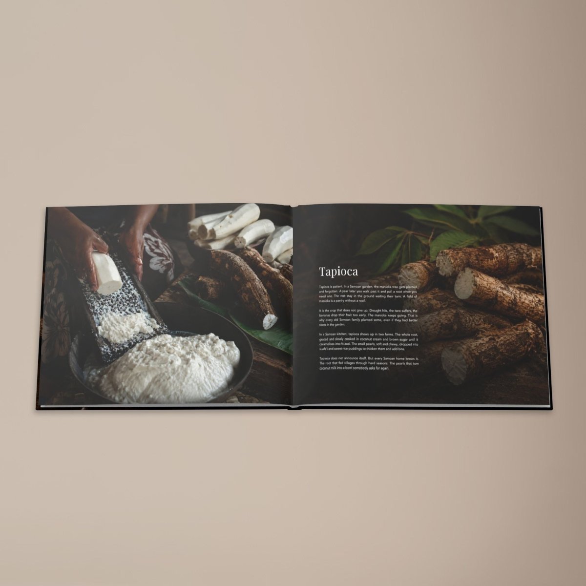 Hardcover keepsake book featuring six Samoan recipes, titled "The Samoan Comfort Book," by District Photo.
