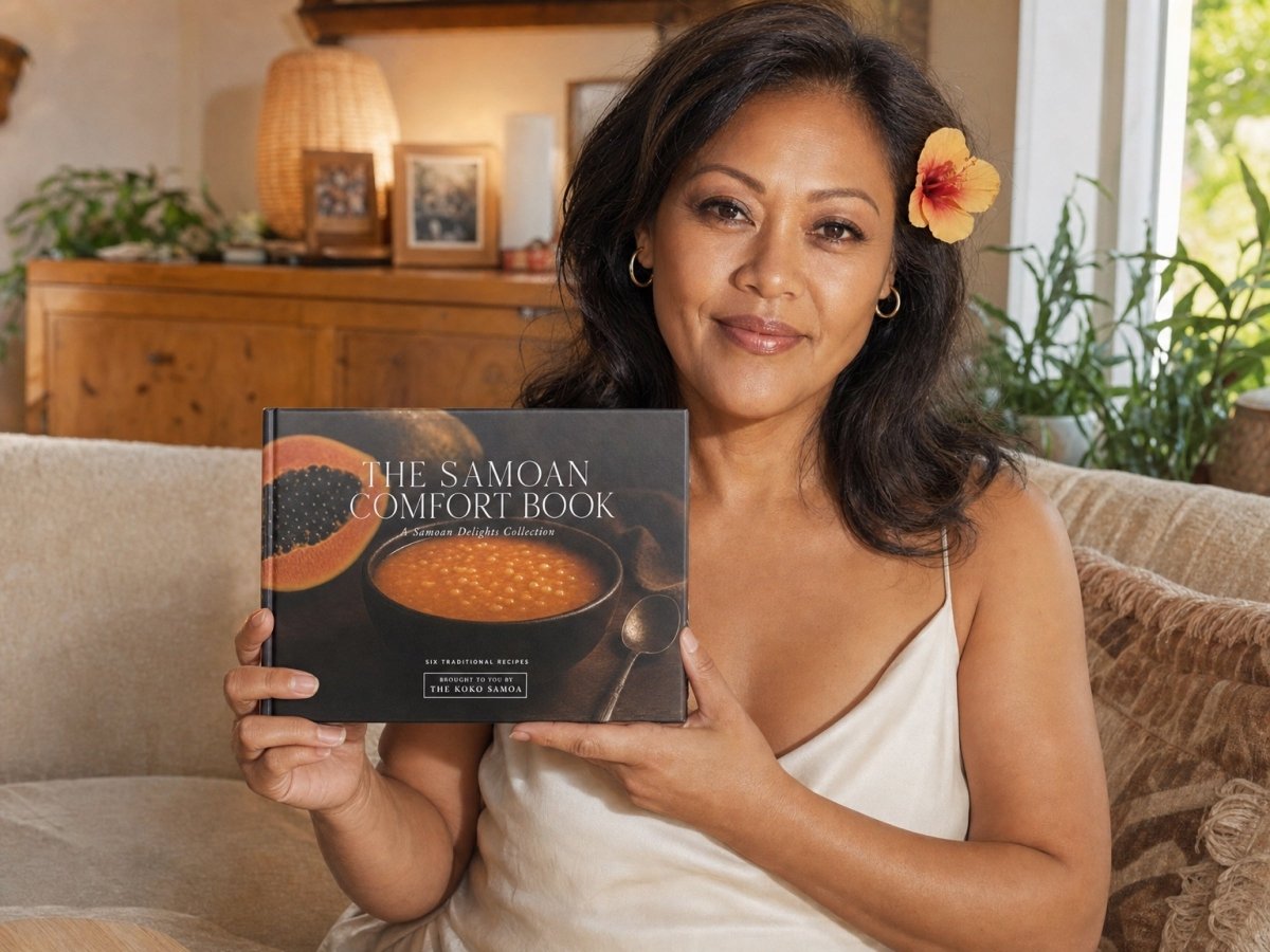 Hardcover keepsake book featuring 6 Samoan recipes, titled "The Samoan Comfort Book," published.