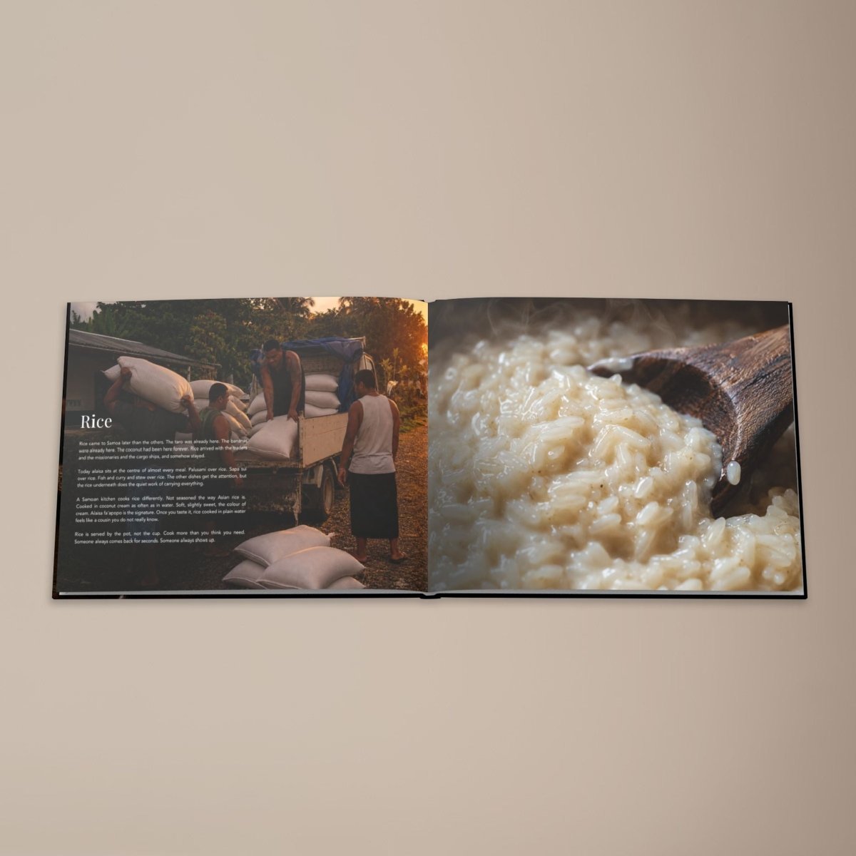 Hardcover keepsake book titled "The Samoan Comfort Book" featuring six traditional Samoan recipes, by District Photo.