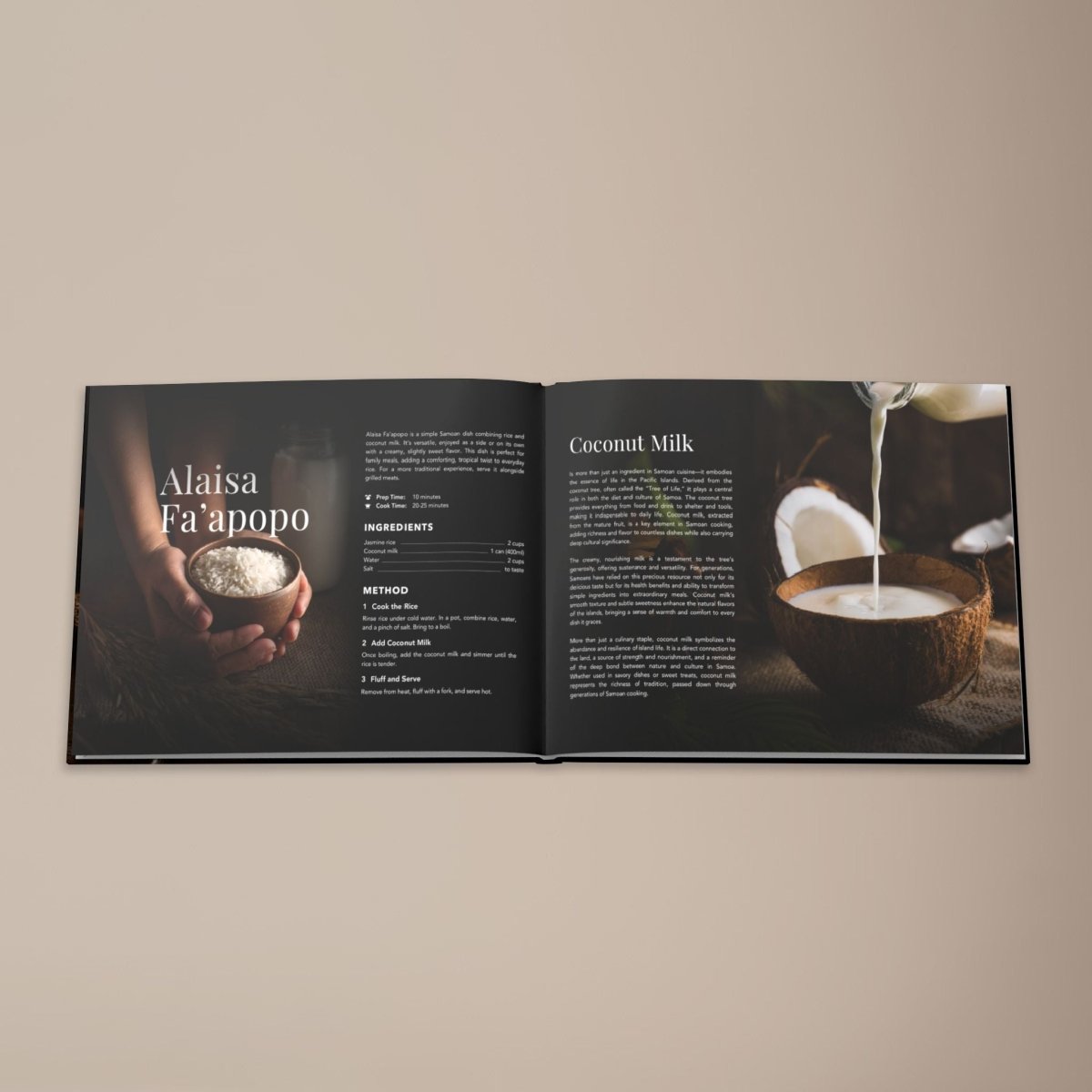 Hardcover keepsake book titled "The Samoan Comfort Book" with 6 Samoan recipes, featuring traditional dishes and cultural insights.