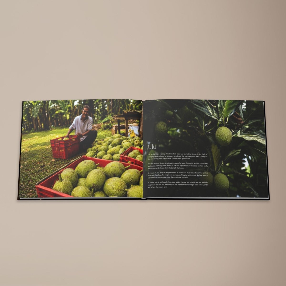 Hardcover keepsake book titled The Samoan Comfort Book with 6 Samoan recipes, featuring traditional dishes and cultural photos.
