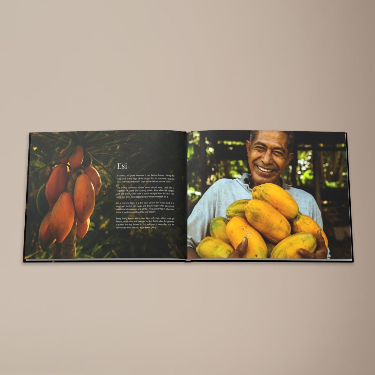 Hardcover keepsake book featuring six Samoan recipes, titled The Samoan Comfort Book, by District Photo.